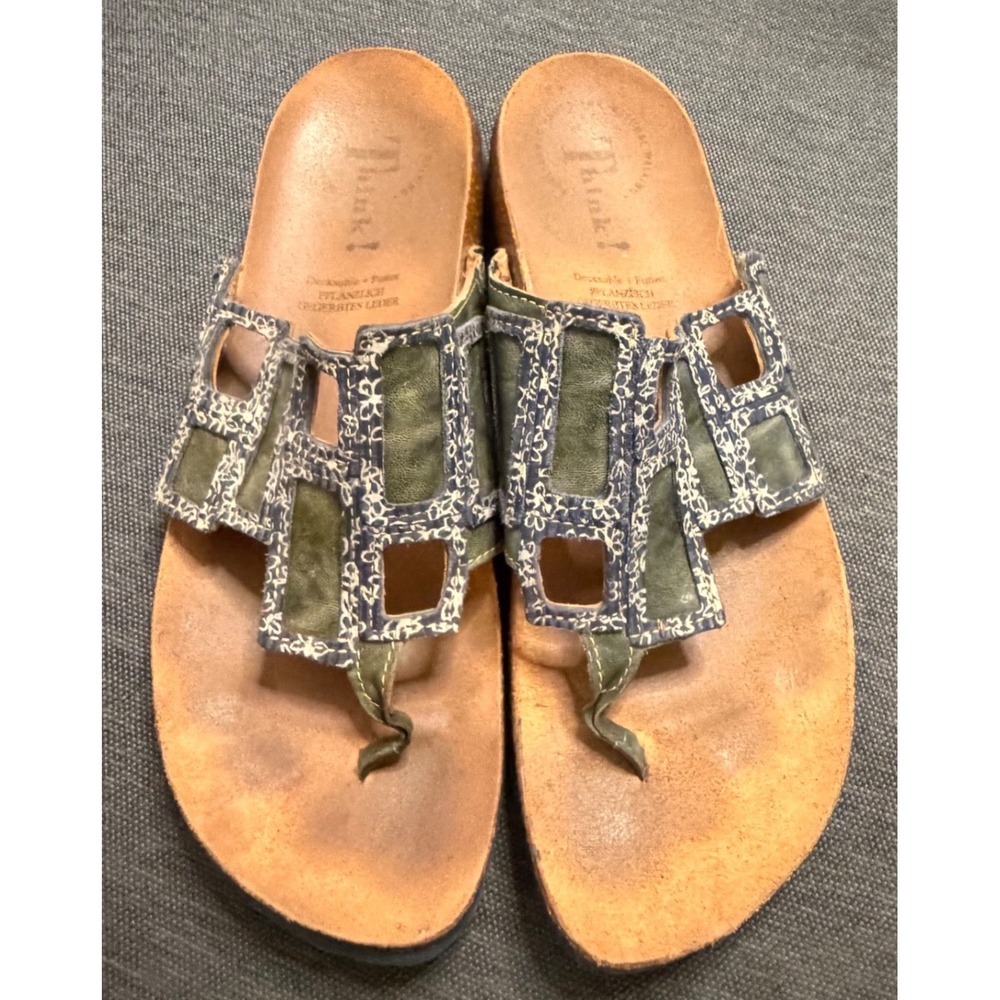 Think! Julia Leather Thong Sandals Olive Green Blue Embroidered Cork Slide 39